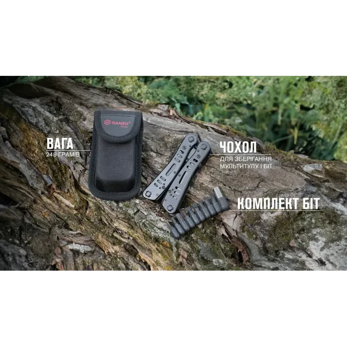 Мультитул Ganzo G103, (19.3 см) 22 функції, чорний + біти та чохол
