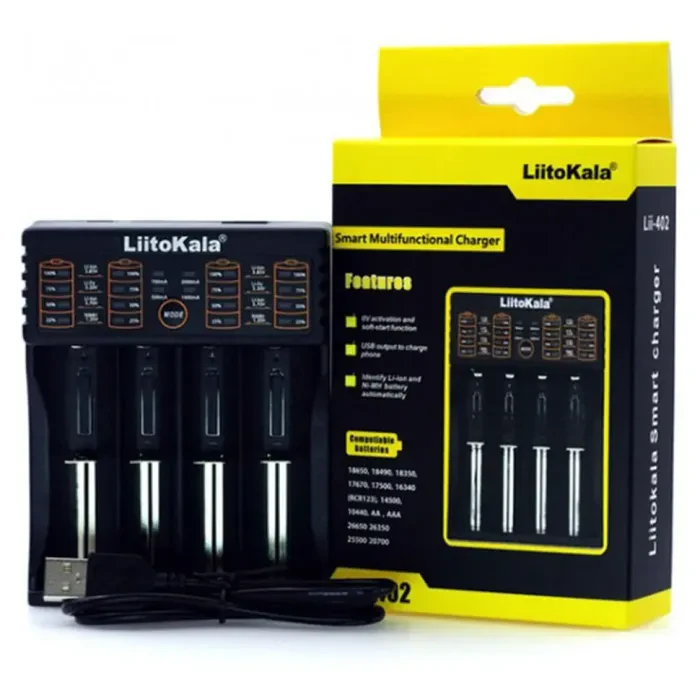 Зарядний пристрій Liitokala Lii-402, Ni-Mh/Li-ion/Li-Fe/LiFePO4, USB, Powerbank, LED, Box