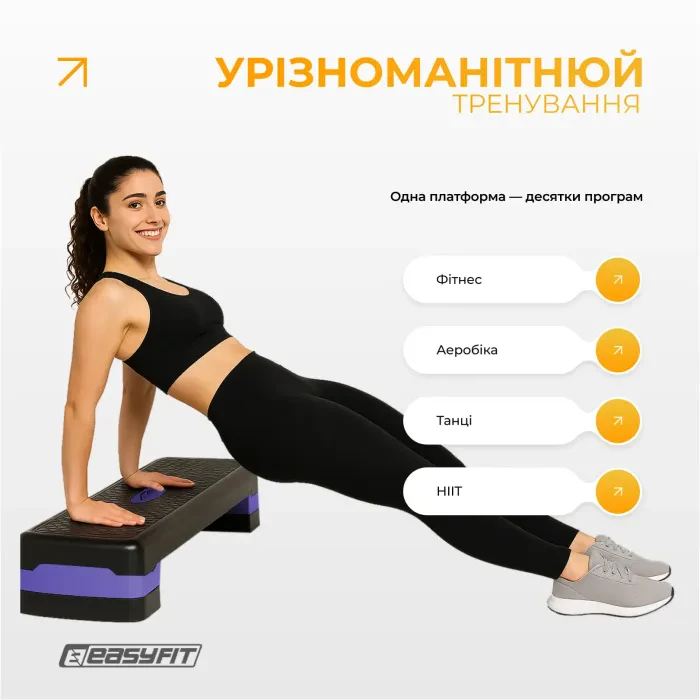 Степ-платформа EasyFit Step-B 2-рівнева (10/15 см) фіолетова для степ-аеробіки, фітнесу, кардіо, навантаження 200 кг