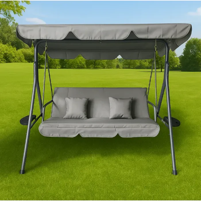 Качеля с 2 подушками и подстаканниками на 3 человека 176×168 см. LEOBRO Серая. 3-х местная садовая качеля