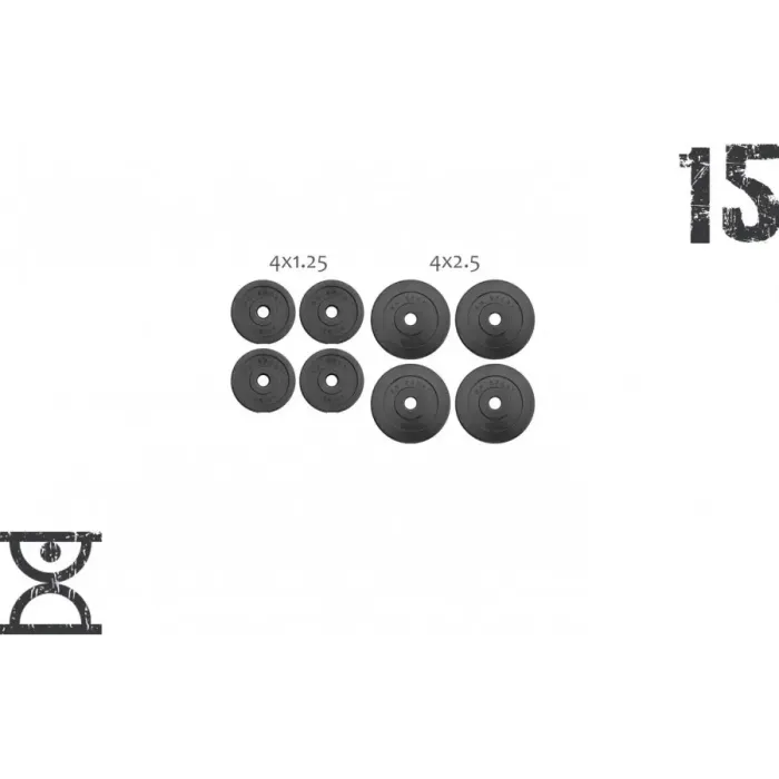 15 кг (4x1.25 та 4x2.5) дисків, покритих пластиком (31 мм)