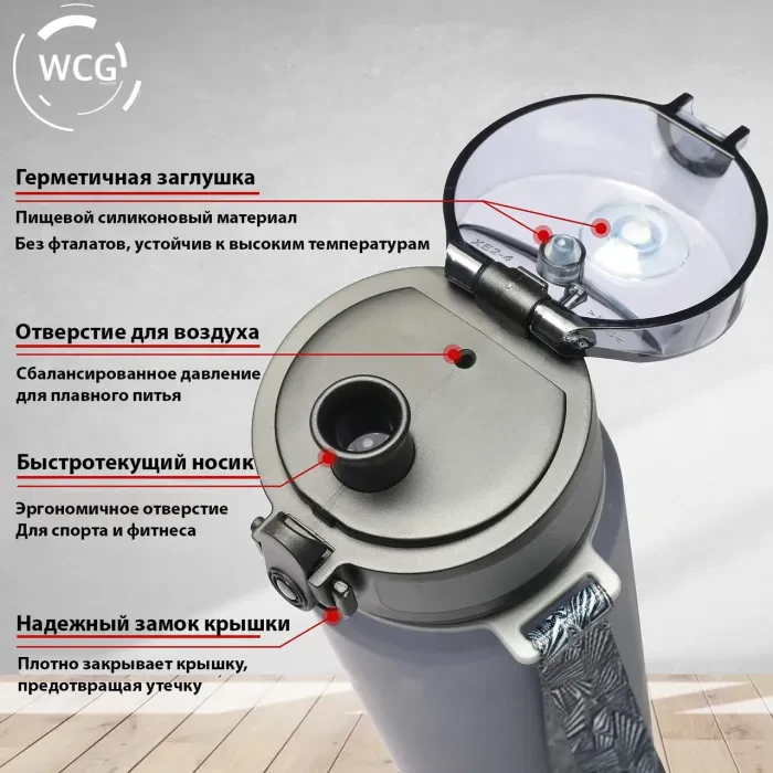 Фляга WCG Grey 1л Tritan BPA Free: бутылка для воды спорт, фитнес, школа, матовая, серая