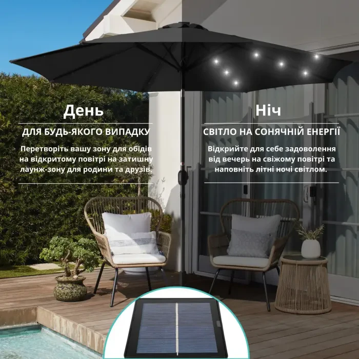 Зонт садовый 3 м с LED-подсветкой и солнечной панелью (бежевый)