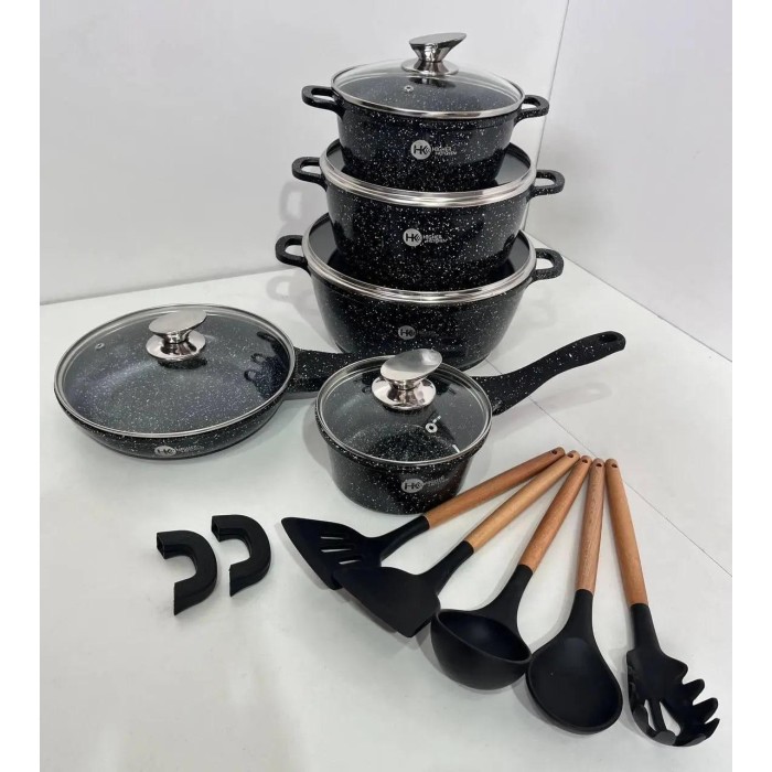 Набір посуду Higher Kitchen HK-305 17 предметів з кришками з гранітним покриттям | каструлі | ківш | сковорода