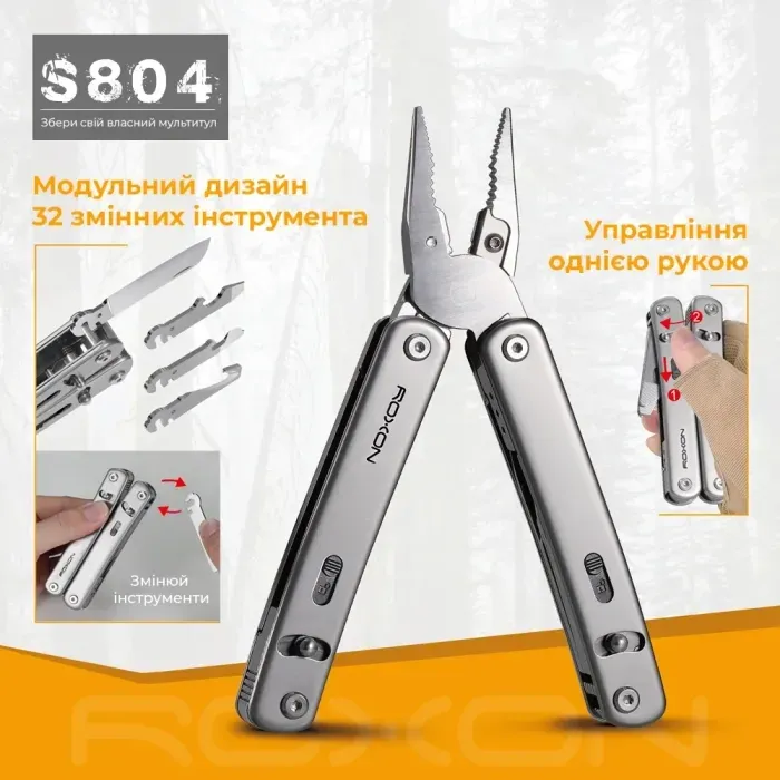 Мультитул Roxon Flex S804G 18 в 1: плоскогубці, ніж, кусачки, ножиці, викрутки, сталь, для туризму, EDC