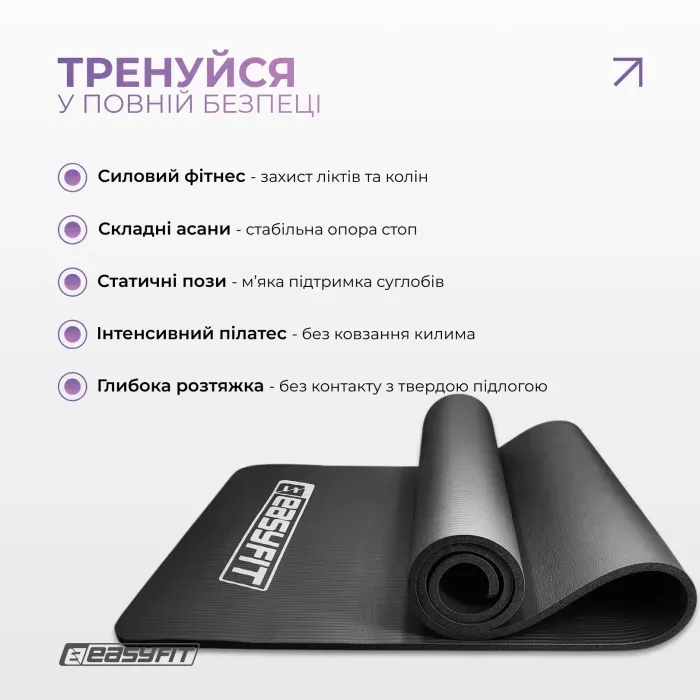 Килимок для йоги та фітнесу EasyFit NBR 10 мм Чорний, Мат для спорту, Каремат з лямкою для перенесення, Щільний NBR, 180х60 см.