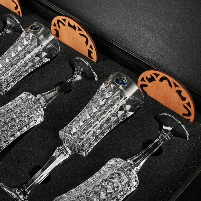 Bohemia Diamond: Набор бокалов для шампанского 6 шт, 120 мл + Деревянная коробка с гравировкой