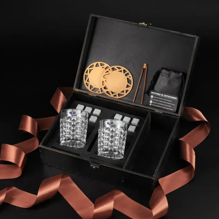 Камни для виски в подарочном деревянном наборе с бокалами Bohemia Diamond (2 шт, 280 мл), 12 камней