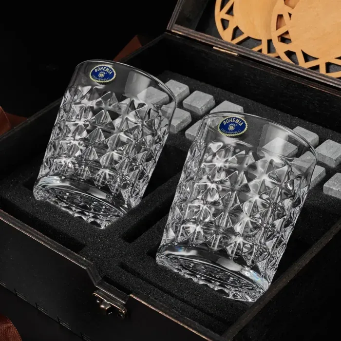 Камни для виски в подарочном деревянном наборе с бокалами Bohemia Diamond (2 шт, 280 мл), 12 камней