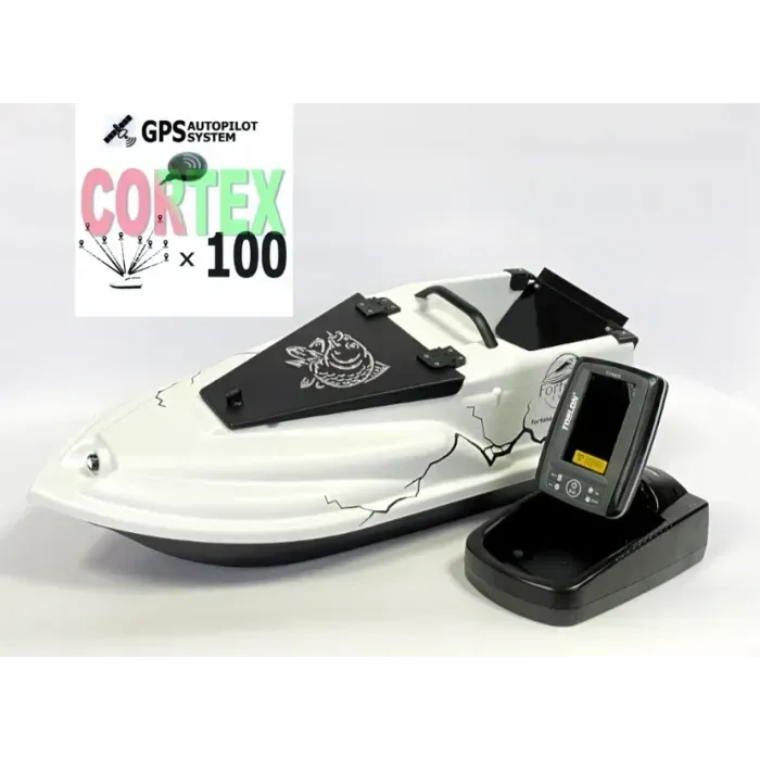 Кораблик для прикормки Фурия Фюжн с GPS (Maxi Cortex) и Эхолотом Toslon TF520 Белый. Электро кораблик