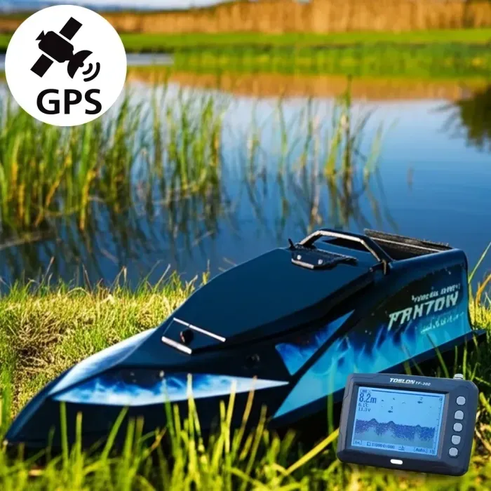 Кораблик для прикормки Фантом Модерн з ехолотом Toslon TF300 та GPS автопілотом (V3_6+1) Чорний з блакитними