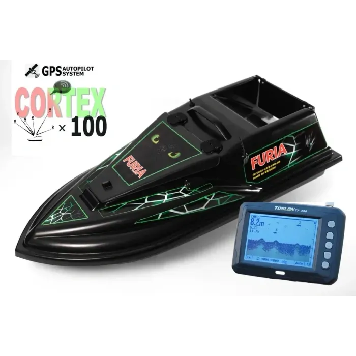 GPS Cortex 6+1 Ехолот Toslon TF300 Прикормочний кораблик Фурія Шторм чорний