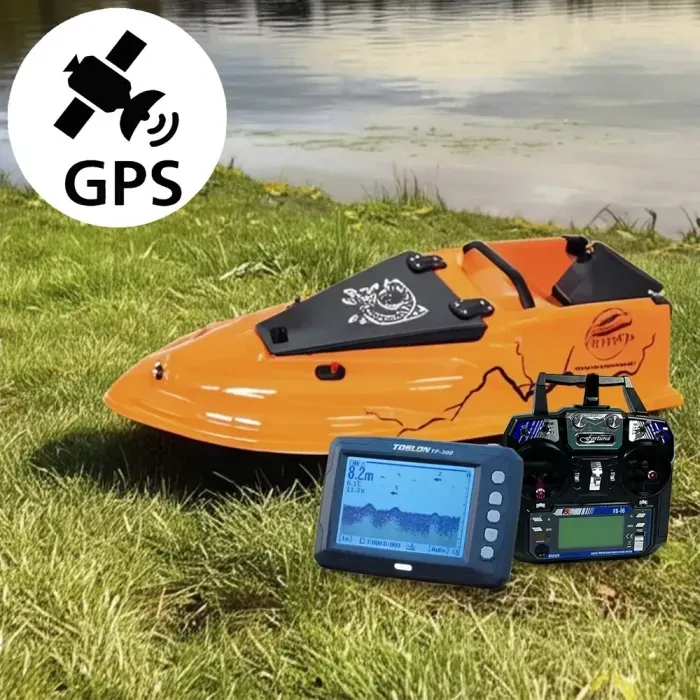 Кораблик для підгодовування Фурія Фюжн з GPS (Maxi Cortex) і Ехолотом Lucky918 Помаранчевий. Електро кораблик
