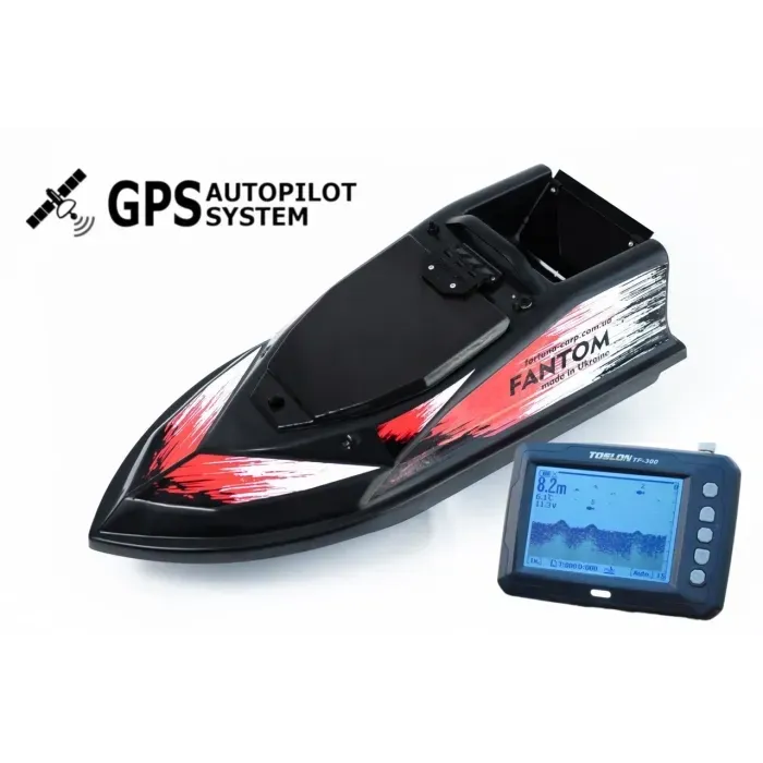 Кораблик для прикормки Фантом Модерн з ехолотом Toslon TF300 та GPS автопілотом (V3_6+1) Чорний з червоними