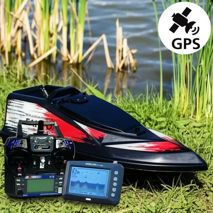 Кораблик для прикормки Фантом Модерн с эхолотом Toslon300 и GPS автопилотом (Maxi Cortex) Черный с красными