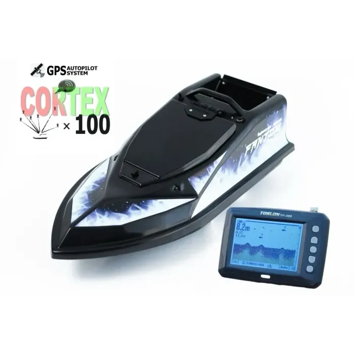 Кораблик для прикормки Фантом Модерн з ехолотом Toslon300 та GPS автопілотом (Cortex_6+1) Чорний з блакитними
