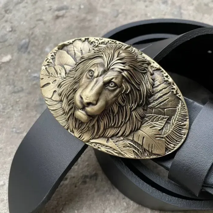 Кожаный Ремень с пряжкой "Лев" из латуни Gorillas Accessories. Мужской ремень ручной работы