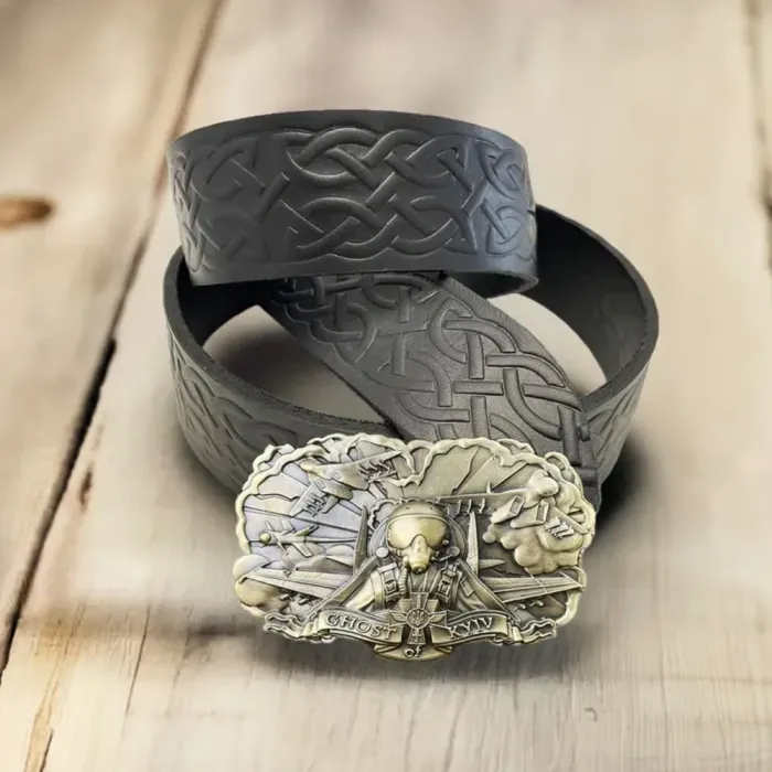 Кожаный Ремень (тиснение) Ручной работы с пряжкой "Призрак Киева" из латуни Gorillas Accessories