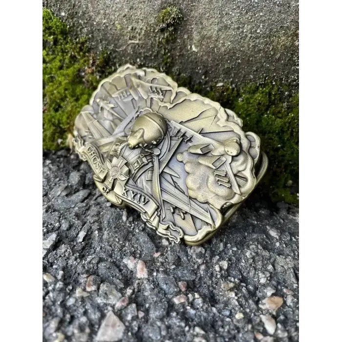 Кожаный Ремень (тиснение) Ручной работы с пряжкой "Призрак Киева" из латуни Gorillas Accessories