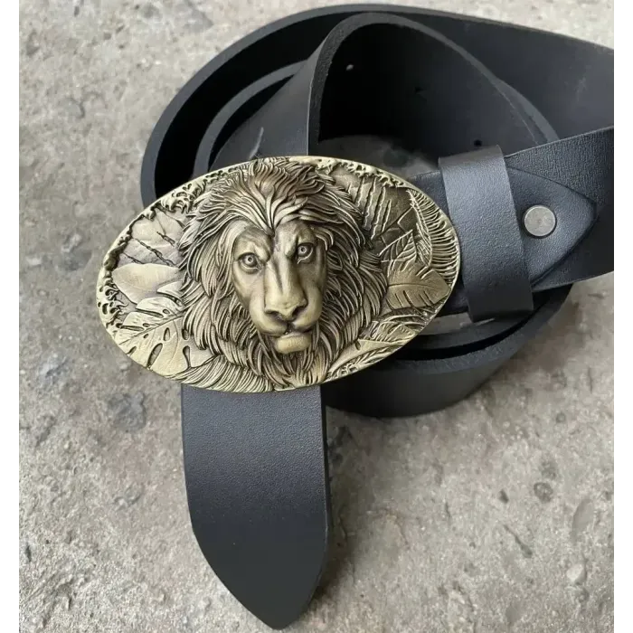 Кожаный Ремень с пряжкой "Лев" из латуни Gorillas Accessories. Мужской ремень ручной работы