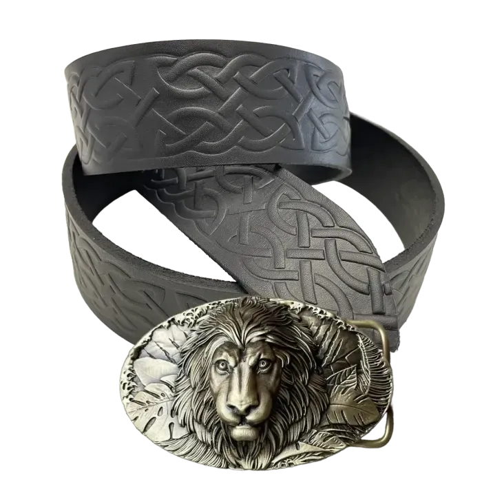 Шкіряний Ремінь (тиснення) з пряжкою «Лев» латунь Gorillas Accessories. Ручна робота. Ремінь для подарунка