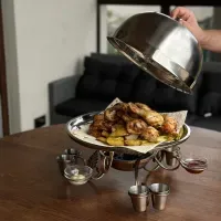 Садж для шашлыка 36 см с подогревом: подставка для подачи мяса, кованая, набор с миской и крышкой