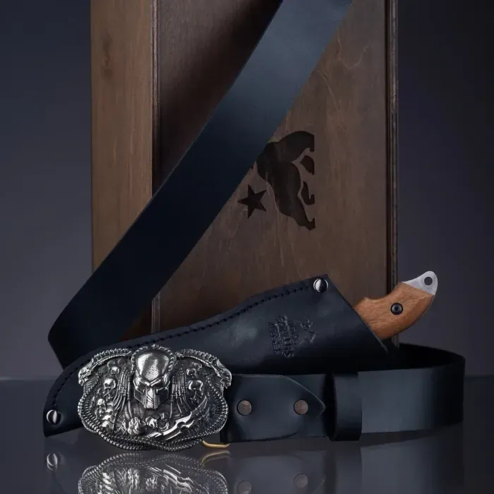 Ніж + Шкіряний ремінь. Подарунковий набір «Хижак» для чоловіків Gorillas Accessories ручна робота Нейзильбер