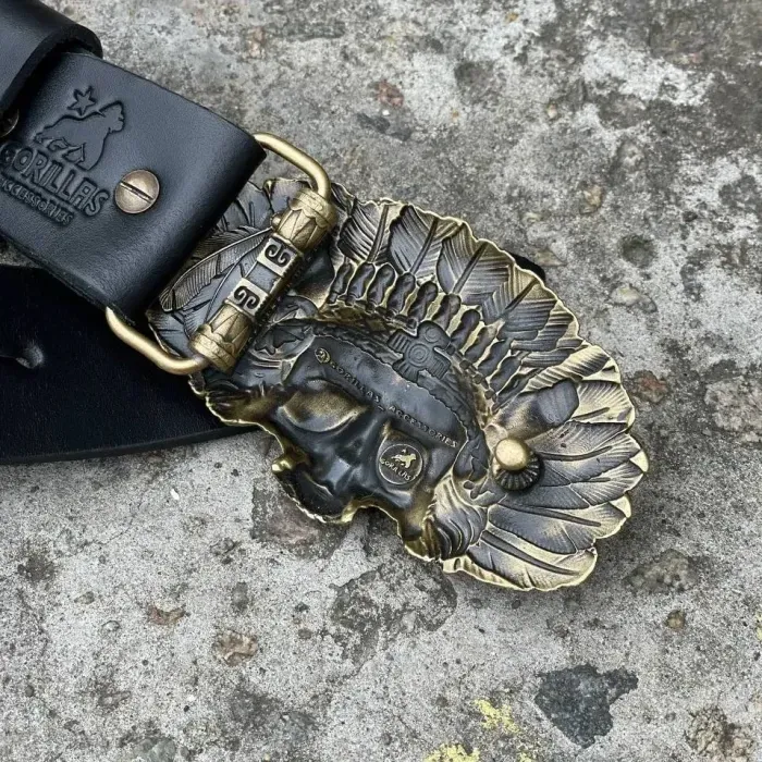 Кожаный Ремень с пряжкой "Апач" из латуни Gorillas Accessories. Мужской ремень ручной работы