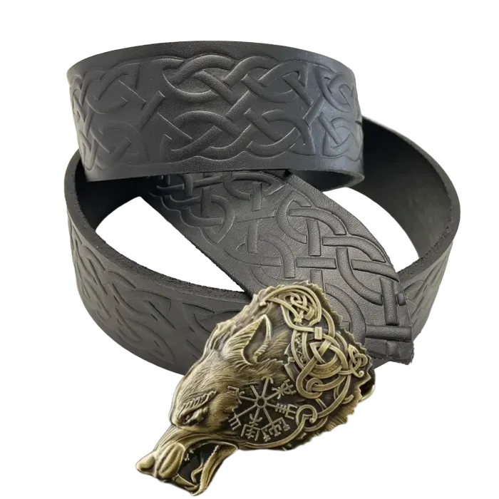 Кожаный Ремень (тиснение) с пряжкой "Фенрир" из латуни Gorillas Accessories. Ручная работа