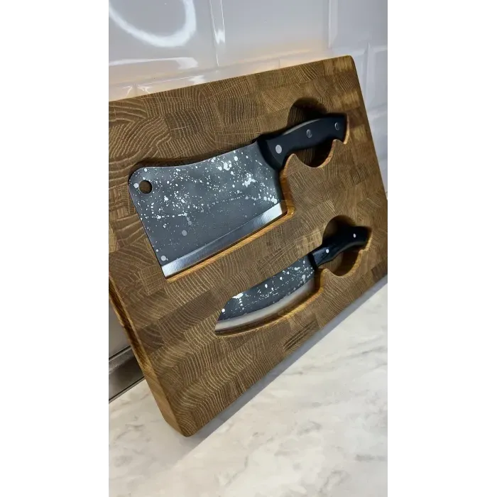 Набор для кухни: торцевая дубовая доска 30x40 см, + тяпка и нож "Чумацкий шлях". Комплект ножей для кухни