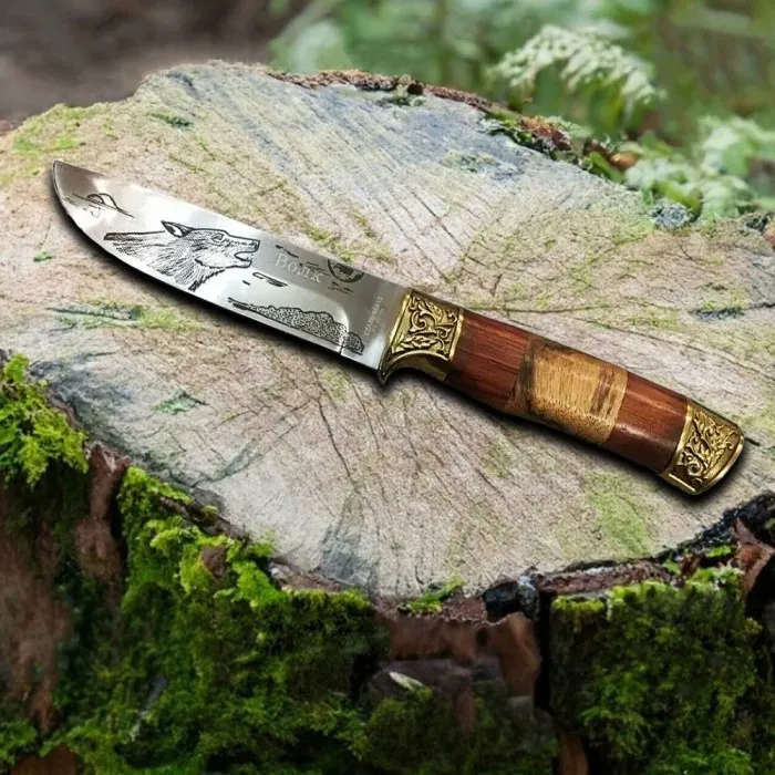 Мисливський ніж Wolf Premium золотистий + Чохол. Ніж для подарунка. Ніж із гравіюванням