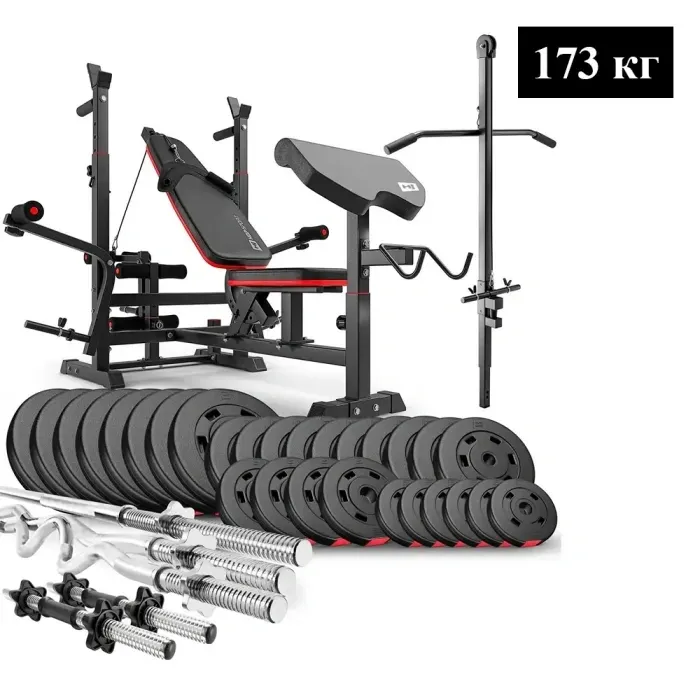 Набір Лава для жиму Hop-Sport HS-1075 Pro + Штанга та Гантелі 173 кг Premium + Приставка скотта