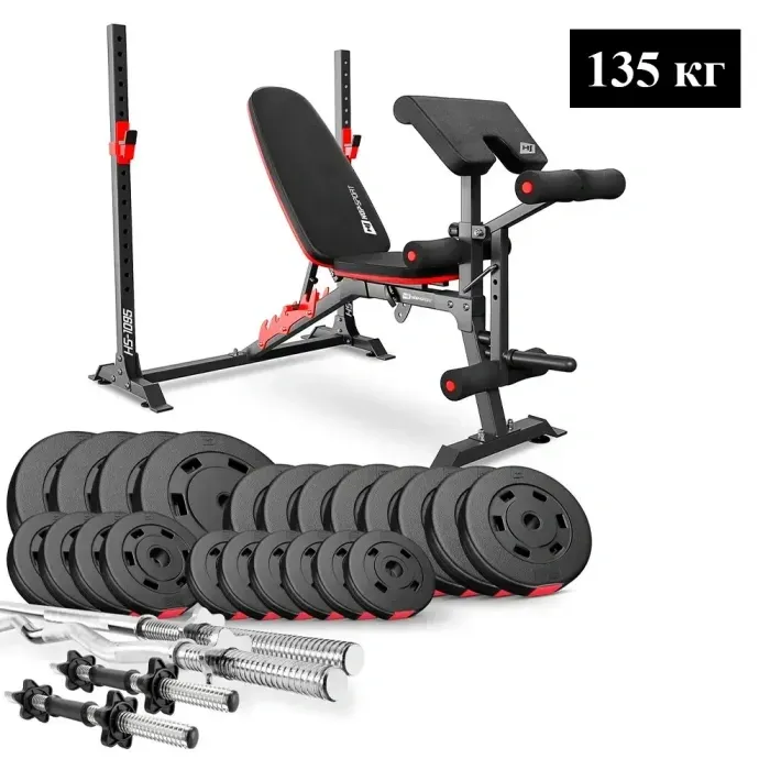 Лавка для жиму Hop-Sport HS-1095 + Штанга та Гантелі 135 кг Premium + Приставка скотта