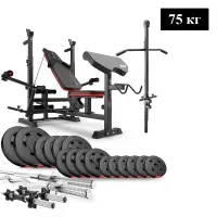 Набор для жима лежа: Скамья + тяга Hop-Sport HS-1075 Pro + Штанга и Гантели 75 кг Premium + Приставка скотта