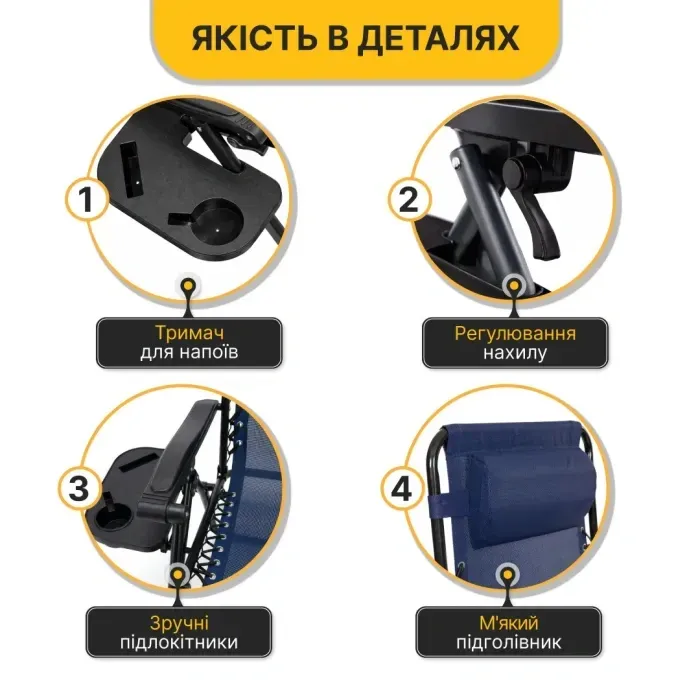 Кресло-шезлонг LEOBRO Zero Gravity Navy Blue складное, садовое для отдыха, темно-синее