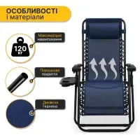 Кресло-шезлонг LEOBRO Zero Gravity Navy Blue складное, садовое для отдыха, темно-синее