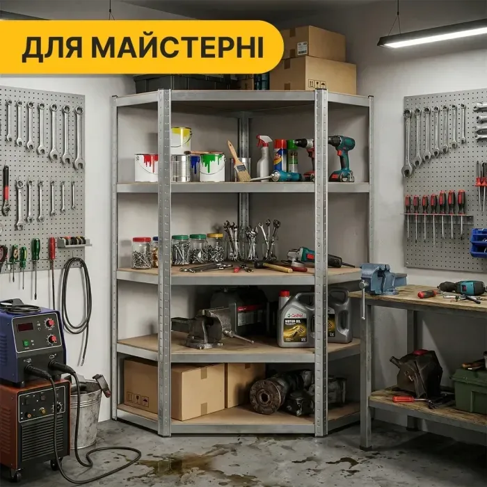 Кутовий стелаж LEOBRO Premium 180х90х40 см на 5 полиць – оцинкований, полиці МДФ, навантаження 175 кг/полиця