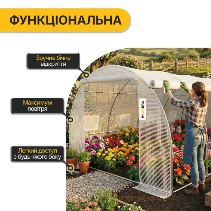 Теплиця парник LEOBRO Garden 12 м2 MultiDoor (4x3 м) Біла з бічним відкриванням