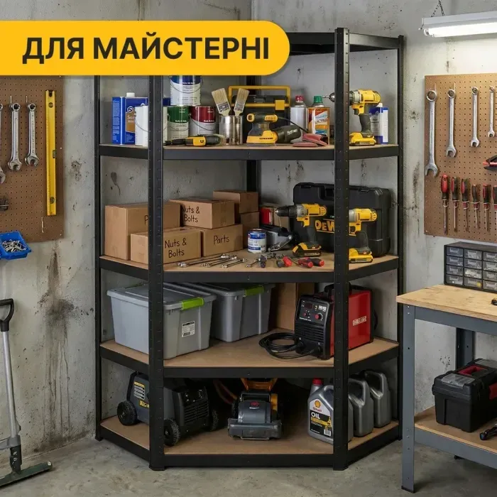 Кутовий стелаж LEOBRO Premium Black 180х90х40 см на 5 полиць – чорний каркас, полиці МДФ, навантаження 175 кг/полиця