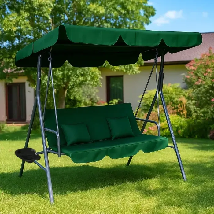 Качеля с 2 подушками и подстаканниками на 3 человека 176×168 см. LEOBRO Зеленая. 3-х местная садовая качеля