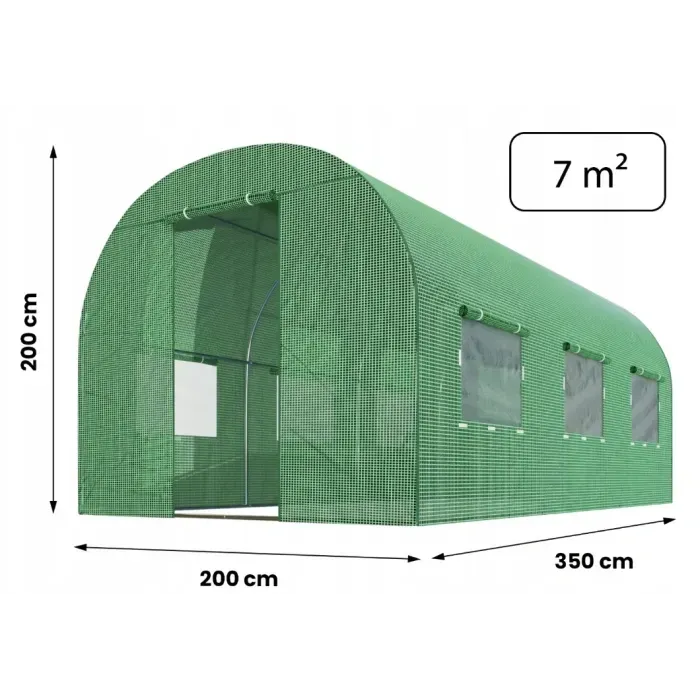 Садовая теплица Plonos 7 м² (200х350х200 см) зеленая с окнами, стальной каркас, пленка УФ-4