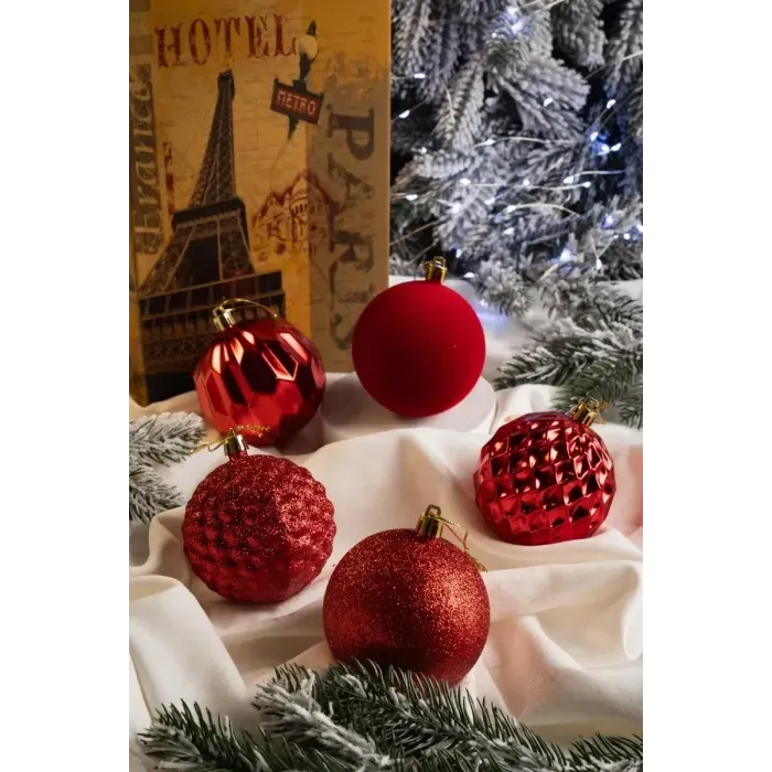 Новогодние шары 25 шт. "Ассорти" Красный. Елочные игрушки пластик