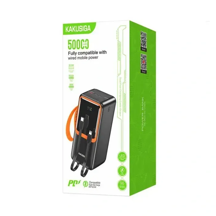 Power Bank Kakusiga KSC-1090 50000mAh, быстрая зарядка 22.5W PD 20W, со встроенными кабелями Type-C и Lightning