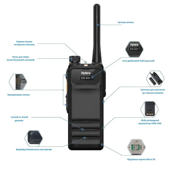Рація Hytera HP705 UHF 350-470 МГц 4 Вт 1024 каналу IP68 Bluetooth GPS |