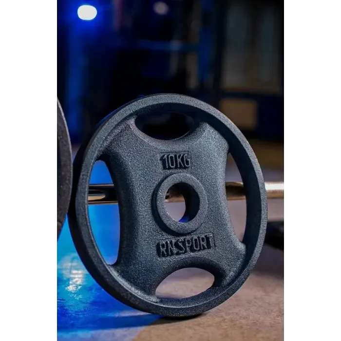 Диск для штанги RN-Sport 10 кг, Ø51 мм, Quatro-Grip, хваты для рук, металл, черный, гарантия 5 лет