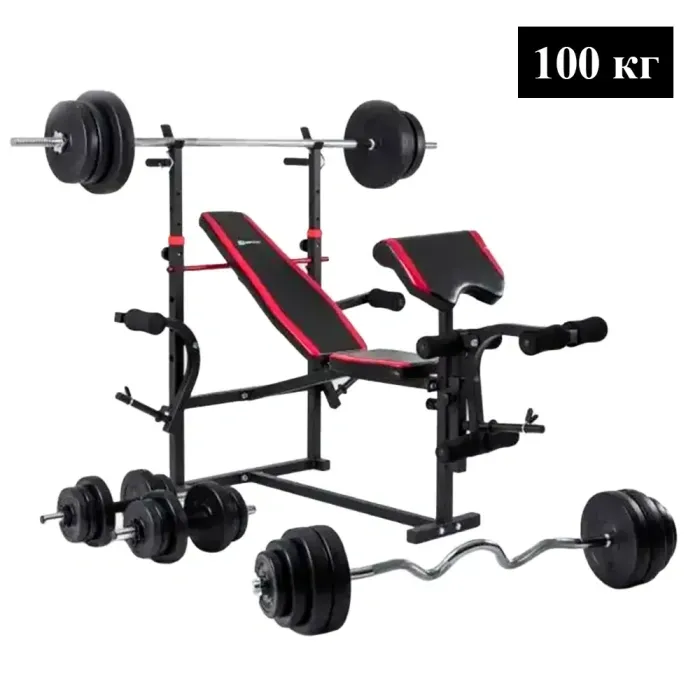 Лава для жиму з верхньою тягою + Штанга та Гантелі 100 кг RN-Sport (4 грифи)