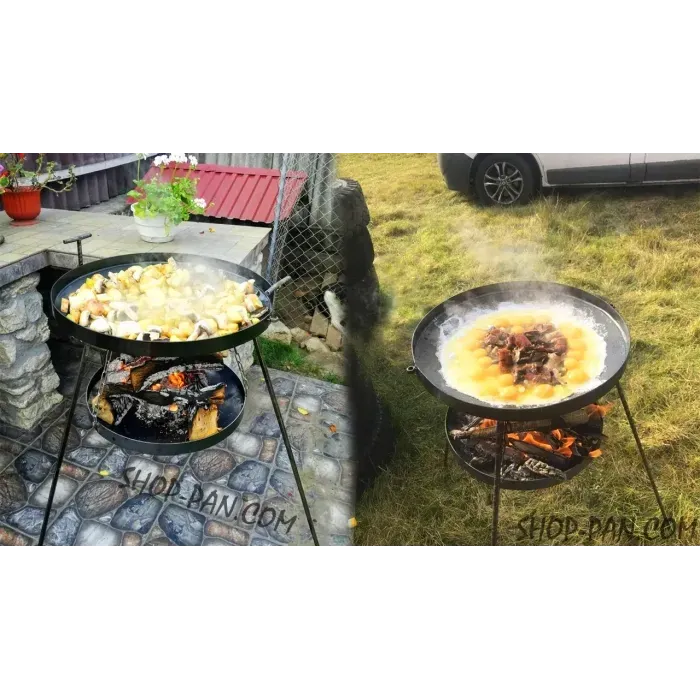 Сковорода-гриль с подставкой для огня: нержавеющая сталь, чугун, для дачи и пикника + ножки 1 м
