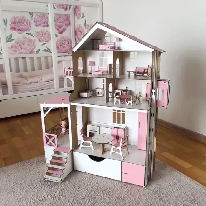 Ляльковий будиночок з меблями та ліфтом для LOL та BARBIE, дерев'яний, великий, 93 см