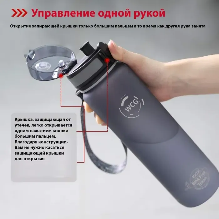 Фляга для воды WCG 1л Tritan BPA Free - спортивная бутылка для фитнеса, путешествий, прогулок (красная)