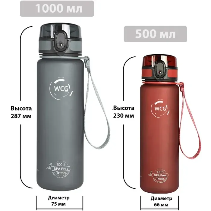 Фляга для воды WCG 1л Tritan BPA Free - спортивная бутылка для фитнеса, путешествий, прогулок (красная)